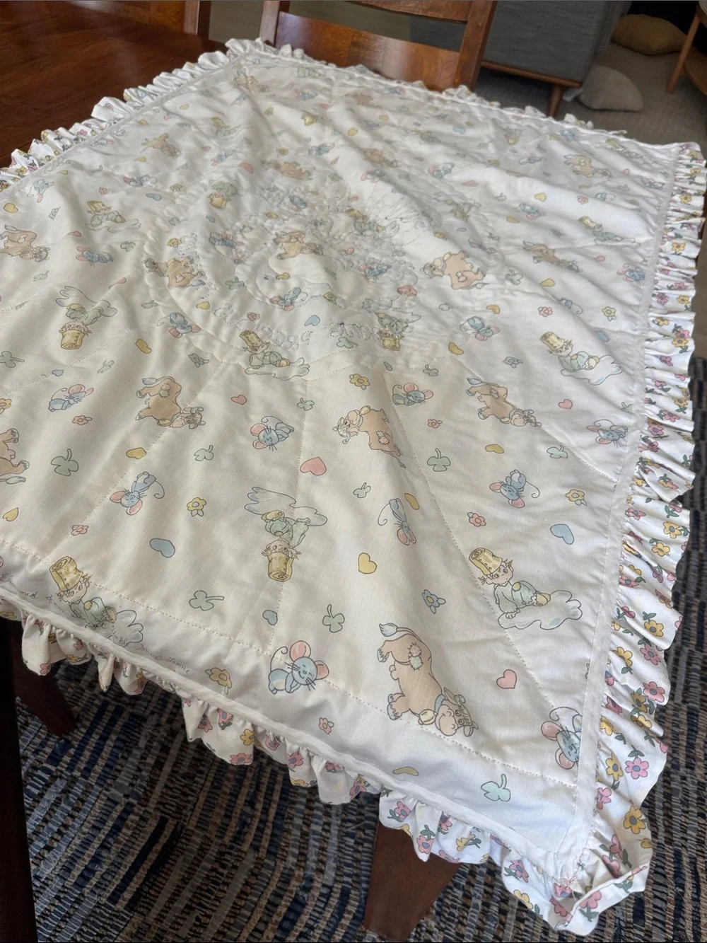 Vintage Precious Moments Quilted Baby Blanket with Ruffle Trim approx 50inX34in